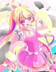  :d aikatsu!_(series) aikatsu_planet! bad_id bad_pixiv_id blonde_hair blush broken_mirror commentary dress female flower_(symbol) frilled_cuffs frilled_dress frills gem_(symbol) green_hair halterneck hana_(aikatsu_planet!) hands_up high_ponytail highres idol layered_dress long_hair looking_at_viewer mirror multicolored_hair open_mouth otoha_mao pink_dress pink_eyes pink_hair puffy_short_sleeves puffy_sleeves purple_hair shaka_sign short_sleeves smile solo star_(symbol) streaked_hair taiyaki29 upper_body very_long_hair wrist_cuffs 