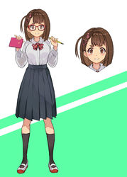  absurdres black_skirt black_socks bow bowtie brown_eyes brown_hair collared_shirt commentary_request commission female full_body glasses green_background hands_up hide_(hideout) highres holding holding_notebook holding_pencil kneehighs long_sleeves looking_at_viewer medium_hair nervous_smile notebook original parted_lips pencil pleated_skirt red-framed_eyewear red_bow red_bowtie red_footwear school_uniform shirt shirt_tucked_in shoes side_ahoge skeb_commission skirt smile socks solo striped_bow striped_bowtie striped_clothes thick_eyebrows triangle_hair_ornament two-tone_background white_background white_footwear white_shirt 