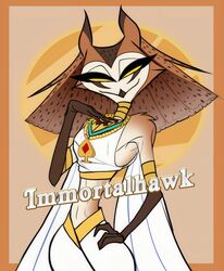  ambiguous_gender avian bird clothing egyptian eurasian_eagle-owl eyeliner horned_owl immortal_hawk jewelry makeup necklace owl owl_demon robe solo spades_(suit) suit_symbol text true_owl vanity0329 yellow_eyes 