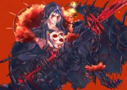  1boy bad_id bad_pixiv_id bare_pectorals black_bodysuit black_cape black_gloves blue_hair bodysuit cape chest_tattoo cu_chulainn_(fate) cu_chulainn_alter_(fate) cu_chulainn_alter_(third_ascension)_(fate) dark_blue_hair elbow_gloves facepaint facial_mark fate/grand_order fate_(series) full_body gae_bolg_(fate) gloves grin hair_over_shoulder hair_strand holding holding_polearm holding_weapon holding_with_tail holy_grail_(fate) hood long_hair male_focus monster_boy muscular muscular_male pectorals polearm prehensile_tail red_background red_eyes shiori_(coppe10119) simple_background sitting smile solo spear spikes tail tattoo weapon 