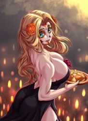  blush breasts calavera chin_piercing cleavage colored_eyelashes dia_de_muertos dress facepaint fate/grand_order fate_(series) female flower food green_eyes green_nails hair_flower hair_ornament highres jewelry large_breasts long_hair mexico muscular muscular_female nail_polish pan_de_muerto parted_lips quetzalcoatl_(fate) skull smile solo teeth zantyarz 