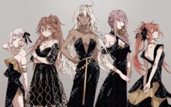  5girls back bad_id bad_pixiv_id bare_shoulders black_dress braid breasts brown_hair cleavage collarbone crossed_arms dark-skinned_female dark_skin dress earrings fate/grand_order fate_(series) hair_ribbon highres hoop_earrings jewelry jinako_carigiri kama_(fate) lakshmibai_(fate) large_breasts long_hair looking_at_viewer matou_sakura medium_breasts multiple_girls parvati_(fate) ponytail purple_eyes purple_hair red_eyes red_hair ribbon sakuramochi1003 short_hair side_braids side_ponytail sita_(fate) small_breasts twin_braids twintails white_hair 