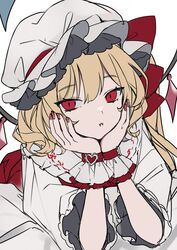  absurdres bad_id bad_twitter_id bed blonde_hair bow closed_mouth collar collared_shirt crystal daimaou_ruaeru dress female flandre_scarlet frills hair_between_eyes hands_on_own_face hands_up hat hat_bow heart highres jewelry lying mob_cap one_eye_closed puffy_short_sleeves puffy_sleeves red_bow red_dress red_eyes red_nails shirt short_hair short_sleeves simple_background solo touhou unfinished white_background white_hat white_shirt wings wrist_cuffs 