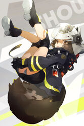  absurdres animal_ears animal_ears_helmet arknights ass black_footwear black_gloves black_skirt brown_eyes brown_hair commentary female fire_helmet firefighter firefighter_jacket gloves grey_panties helmet highres jacket knee_pads legs_up long_sleeves looking_at_viewer open_mouth panties shaw_(arknights) shoes short_hair skirt socha_(sotyahamu) solo squirrel_girl squirrel_tail tail underwear yellow_footwear 