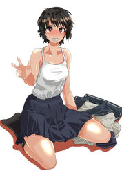  absurdres black_socks blue_sailor_collar blue_skirt brown_eyes commentary female haida_katsuretsu highres kantai_collection medium_hair messy_hair miyuki_(kancolle) open_mouth pleated_skirt sailor_collar school_uniform serafuku shirt sidelocks skirt sleeveless sleeveless_shirt socks solo victory_pose white_shirt 