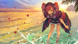  amy_sorel bare_arms bare_legs barefoot beach black_dress black_headwear collarbone commentary_request dress drill_hair female flower full_body green_eyes headdress hide_(hideout) horizon leaf leaning_forward looking_at_viewer ocean one_eye_closed outdoors pink_flower purple_dress red_hair solo soulcalibur soulcalibur_vi splashing sunset twin_drills wading water 