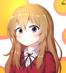  aisaka_taiga black_ribbon blush brown_eyes brown_hair check_commentary closed_mouth collared_shirt commentary commentary_request eyebrows_hidden_by_hair female hair_between_eyes jacket korean_commentary long_hair looking_at_viewer multicolored_background neck_ribbon oohashi_high_school_uniform orange_background red_jacket ribbon school_uniform shirt signature solo sprout_(haji_s) toradora! upper_body white_background white_shirt yellow_background 