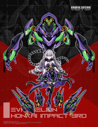  absurdres bare_shoulders black_eyes bronya_zaychik bronya_zaychik_(herrscher_of_reason) collarbone copyright_name crossover detached_collar dress drill_hair eva_01 female full_body funnels_(gundam) grey_hair highres honkai_(series) honkai_impact_3rd long_hair mecha neon_genesis_evangelion open_hands project_bunny purple_dress robot science_fiction smile straight-on thighhighs vistahero 