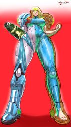  abs absurdres arm_cannon armor ass_visible_through_thighs assault_visor awesomeerix blonde_hair breasts clenched_hands commentary covered_abs covered_navel covered_nipples derivative_work english_commentary female full_body gradient_background green_eyes highres large_breasts metroid metroid_dread pauldrons power_suit power_suit_(metroid) red_background samus_aran serious shoulder_armor solo standing stirrup_legwear super_metroid thigh_gap toeless_legwear toenails toes weapon x-ray zero_suit 