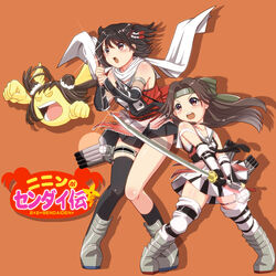  2girls antenna_hair asymmetrical_legwear black_gloves black_neckerchief black_skirt black_socks black_thighhighs brown_eyes brown_hair buttons dated double-breasted double_bun elbow_gloves fingerless_gloves forehead_protector gloves hachimaki hair_bun hair_intakes hair_ornament half_updo headband highres holding holding_sword holding_weapon jintsuu_(kancolle) jintsuu_kai_ni_(kancolle) kantai_collection katana kneehighs long_hair moke_ro multiple_girls naka_(kancolle) neckerchief ninin_ga_shinobuden onsokumaru open_mouth parody scarf sendai_(kancolle) sendai_kai_ni_(kancolle) short_hair single_kneehigh single_sock single_thighhigh skirt socks sword thighhighs title_parody torpedo torpedo_launcher torpedo_tubes twitter_username two_side_up uneven_legwear weapon white_legwear white_scarf 