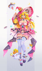  1-up_mushroom alternate_costume belt blue_eyes boo_(mario) breasts bullet_bill candy colored_eyelashes decora dress earrings female food full_body ghost halloween halloween_costume hat highres holding impossible_clothes jack-o&#039;-lantern jewelry large_breasts mario mario_(series) mushroommirror navel pink_dress power_moon princess_peach short_shorts shorts simple_background skirt skirt_set skull star_(symbol) super_mushroom super_star_(mario) thighhighs wand witch_hat 