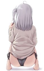  absurdres ass barefoot black_panties commentary_request female from_behind full_body grey_hair grey_sweater highres kantai_collection kiritto long_hair no_pants one_side_up panties side-tie_panties simple_background solo squatting suzutsuki_(kancolle) sweater underwear white_background 