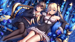  2girls azur_lane bare_shoulders black_hair black_pantyhose black_skirt black_sleeves blonde_hair blue_eyes blue_flower blue_rose blush chinese_commentary closed_mouth collarbone commentary_request couch crossover dead_or_alive detached_sleeves flower hair_ornament hairclip highres horns long_hair long_sleeves marie_rose multiple_girls noshiro_(azur_lane) oni_horns pantyhose parted_lips pleated_skirt rose sitting skirt smile thigh_strap thighs twintails wsman 