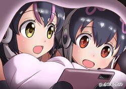  2girls :d african_penguin_(kemono_friends) black_hair commentary_request hair_between_eyes headset highres humboldt_penguin_(kemono_friends) kemono_friends kemono_friends_v_project multicolored_hair multiple_girls open_mouth pillow pink_hair red_eyes smile tablet_pc taguchi_makoto under_covers virtual_youtuber yellow_eyes 