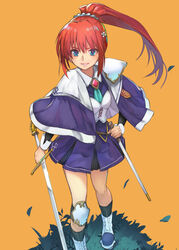  black_socks blue_eyes capelet commentary_request dress female flower full_body grass hair_flower hair_ornament hide_(hideout) highres holding holding_sword holding_weapon knee_pads long_hair long_sleeves looking_at_viewer orange_background original parted_lips ponytail purple_capelet purple_dress red_hair simple_background smile socks solo standing sword vest weapon white_flower white_footwear white_vest 