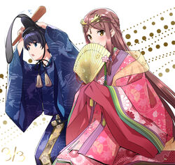  1boy adjusting_clothes adjusting_headwear black_hair blue_eyes blush braid brown_hair chin_strap commentary_request covering_own_mouth dated fan_la_norne feather_hair female floral_print folding_fan hair_between_eyes hair_ornament hair_ribbon hand_fan hat hina_ningyou hinamatsuri holding holding_fan hugo_ardanach japanese_clothes karaginu_mo kariginu kimono layered_clothes layered_kimono long_hair long_sleeves looking_at_viewer misu_kasumi ribbon simple_background sleeves_past_fingers sleeves_past_wrists smile tassel tate_eboshi very_long_hair wide_sleeves xenoblade_chronicles_(series) xenoblade_chronicles_2 xenoblade_chronicles_2:_torna_-_the_golden_country yellow_eyes 