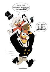  anatid anseriform avian beak bird bottomwear cane closed_eyes clothed clothing compression_artifacts della_duck disney donald_duck duck ducktales ducktales_(2017) duo eyewear female glasses hat headgear headwear kahuna_potato launchpad_mcquack male open_mouth open_smile pants running sailor_suit scrooge_mcduck simple_background small_glasses smile source_request top_hat white_background yellow_beak 