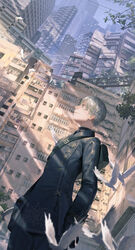  1boy arms_at_sides backpack bag bird black_gloves blindfold building day dove gloves highres long_sleeves male_focus nier_(series) nier_automata outdoors power_lines sawana skyscraper standing sunlight tree yorha_no._9_type_s 