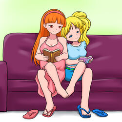  adult barefoot blonde_hair blossom_(ppg) blouse book bubbles_(ppg) dress eyes_open footsie hairband highres j8d older one_shoe_off powerpuff_girls reading red_hair safe sandals skirt smile twintails 