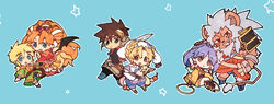  3boys 3girls animal_ears blonde_hair blue_eyes blue_hair brown_hair chibi closed_mouth commentary_request creature dress earrings elena_(grandia) facial_mark gloves grandia grandia_ii green_eyes hamagurihime highres jewelry long_hair mareg_(grandia) millenia_(grandia) multiple_boys multiple_girls roan_(grandia) ryudo_(grandia) short_hair simple_background smile spiked_hair sword tio_(grandia) weapon 