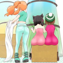  3girls ass black_hair boots brown_hair clothed clothed_female coat_removed collarbone color colored denim dress facing_away female female_focus female_only from_behind fully_clothed gloria_(pokemon) green_shirt hair_ornament hat heart heart_hair_ornament holding human jeans lab_coat marnie_(pokemon) microsd_(artist) multiple_girls nintendo no_sunglasses orange_hair pants pantylines pink_dress pok&eacute;mon pokemon pokemon_professor pokemon_ss ponytail red_hair short_hair side_ponytail sitting sonia_(pokemon) tight_clothing tight_dress tight_jeans tight_pants video_games yellow_eyes young 