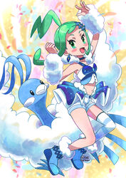  absurdres altaria arm_above_head arm_warmers beak bird blue_feathers blue_footwear blue_skirt blush crop_top earrings feathers female fluffy full_body green_eyes green_hair highres jewelry lisia_(pokemon) looking_at_viewer midriff navel open_mouth pokemon pokemon_(creature) pokemon_oras sheyona shorts shorts_under_skirt single_thighhigh skirt thighhighs white_feathers white_shorts 