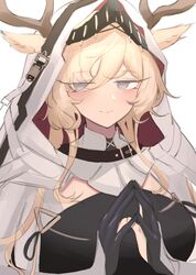  animal_ears antlers antlers_through_headwear arknights arm_guards black_gloves blonde_hair blue_eyes blush breasts cape closed_mouth deer_antlers deer_ears deer_girl ears_through_headwear ebichiri_mogu empty_eyes female gloves hair_over_one_eye hood hood_up hooded_cape horns large_breasts long_hair looking_at_viewer partially_fingerless_gloves simple_background smile solo upper_body viviana_(arknights) white_background white_cape 