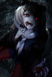  animal_ears arknights bear_ears black_jacket blonde_hair blood blood_on_face commentary_request crying crying_with_eyes_open fangs female glowing glowing_eyes gummy_(arknights) hair_ornament hairclip highres jacket long_hair long_sleeves looking_at_viewer open_mouth painttool_sai_(medium) pantyhose photoshop_(medium) rain red_eyes red_pantyhose sailor_collar screaming sobbing solo spoilers tears wo_chi_xiangjiao_pi 