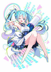  audio_visualizer bare_legs blue_archive breasts commentary female full_body green_hair hair_between_eyes hair_ornament halo hatsune_miku highres long_hair looking_at_viewer medium_breasts omochishiki one_eye_closed open_mouth shoes simple_background sleeveless solo twintails vocaloid 