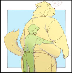  2020 anthro belly blush bottomwear canid canine canis clothing domestic_dog duo hug hugging_another hugging_from_behind inunoshippo japanese_text kemono male mammal overweight overweight_male pants shirt text topwear 