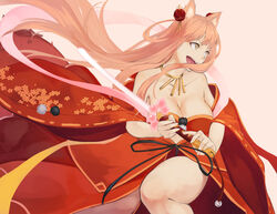  animal_ear_fluff animal_ears blonde_hair breasts cleavage fate/extra fate/extra_ccc fate/extra_ccc_fox_tail fate/grand_order fate_(series) female fox_ears fox_girl holding holding_sword holding_weapon japanese_clothes katana kimono large_breasts long_hair mori_yashiro_(konkon_oyashiro) open_mouth pink_background red_kimono simple_background solo suzuka_gozen_(fate) suzuka_gozen_(third_ascension)_(fate) sword weapon wide_sleeves yellow_eyes 