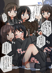  6+girls black_serafuku black_shirt black_skirt blouse blush brown_hair classroom commentary dry_humping highres humping long_hair mejikara_scene multiple_girls original ponytail school_uniform serafuku shirt skirt socks translated window yuri 