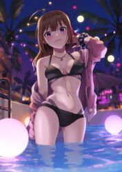  ahoge alternate_hairstyle balloon beach_umbrella bikini black_bikini blue_scrunchie blurry blurry_background breasts brown_hair closed_mouth commentary depth_of_field female grey_jacket hair_down hand_in_own_hair idolmaster idolmaster_million_live! jacket jewelry kamille_(vcx68) long_hair long_sleeves looking_at_viewer medium_breasts multi-strapped_bikini navel necklace night night_sky no_pants off_shoulder open_clothes open_jacket outdoors palm_tree pool print_scrunchie purple_eyes scrunchie sky smile solo standing star_(sky) star_(symbol) star_print starry_sky string_of_light_bulbs swimsuit tree umbrella wading water wrist_scrunchie yokoyama_nao 