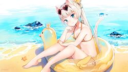  animal_ears bare_arms bare_legs bare_shoulders barefoot beach bikini blunt_bangs blush bow cat_ears cat_girl cat_tail closed_mouth commentary duck_innertube elin english_commentary eyewear_on_head female hairbow halterneck hand_on_own_cheek hand_on_own_face hand_on_own_knee heart heart-shaped_eyewear innertube knees_up long_hair navel ocean orange_bikini red-framed_eyewear rock sand side-tie_bikini_bottom sitting smile solo sparkle starfish string_bikini striped_bikini striped_clothes sunglasses swim_ring swimsuit tail tera_online very_long_hair water water_drop wet wet_hair white_hair yellow_bow yenkoes 