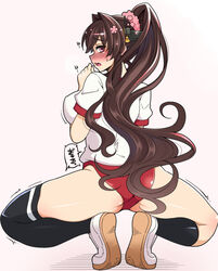  ass blush breasts brown_hair buruma female from_behind gym_uniform hair_ornament hanauna highres kantai_collection large_breasts open_mouth pink_eyes ponytail red_buruma shoes simple_background solo spread_legs squatting stomach_ache stomach_growling thighhighs trembling uwabaki yamato_(kancolle) 