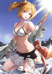  :d animal_ear_fluff animal_ears arknights bare_shoulders bikini bikini_skirt blonde_hair blue_sky breasts brown_eyes caijidayisheng chinese_commentary cleavage commentary_request cowboy_shot day female hand_up head_tilt long_sleeves looking_at_viewer medium_breasts miniskirt navel off_shoulder official_alternate_costume open_mouth short_hair skirt sky smile solo sora_(arknights) sora_(summer_flowers)_(arknights) stomach swimsuit tail thigh_strap thighs twintails white_bikini white_skirt wolf_ears wolf_tail 