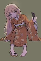  artistic_error bad_feet bad_hands barefoot blonde_hair blush_stickers buwei_(ironypot) cat_ornament closed_mouth comb danganronpa_(series) danganronpa_2:_goodbye_despair female floral_print frown full_body hair_ornament hand_up highres holding holding_comb japanese_clothes kimono long_hair long_sleeves looking_at_viewer obi orange_kimono protected_link saionji_hiyoko sash shoes simple_background single_shoe sitting solo unworn_hair_ornament wide_sleeves 