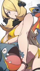  animal artist_name asymmetrical_hair bikini blonde_hair blue_eyes bracelet breasts claws closed_mouth commentary_request cropped_arms cropped_legs cynthia_(pokemon) dragon fangs female fur_choker garchomp gible gold_bikini grey_background hair_ornament hair_over_one_eye hammerhead_shark hata4564 highres jewelry large_breasts long_hair looking_at_viewer pokemon pokemon_(creature) pokemon_dppt shark sharp_teeth side-tie_bikini_bottom sidelocks signature simple_background smile swimsuit teeth thigh_strap white_background yellow_bikini 