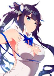  ahoge black_hair blue_bow blue_bowtie blue_eyes blue_ribbon bow bowtie breasts cleavage closed_mouth dress dungeon_ni_deai_wo_motomeru_no_wa_machigatteiru_darou_ka female floating_hair hestia_(danmachi) highres large_breasts long_hair rei_no_himo ribbon sleeveless sleeveless_dress smile solo twintails upper_body very_long_hair white_dress yasehattagi 