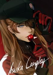  absurdres blue_eyes bodysuit brown_hair candy character_name dutch_angle evangelion:_3.0_you_can_(not)_redo eyepatch female food hand_on_headwear hat highres limart lollipop long_hair looking_at_viewer neon_genesis_evangelion pilot_suit rebuild_of_evangelion red_bodysuit science_fiction solo souryuu_asuka_langley upper_body 