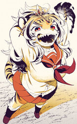  animal_ears animal_nose arms_behind_head arms_up black_fire brown_theme durga_(housamo) fangs fangs_out female fire full_body furry furry_female head_chain high_ponytail jewelry kan_(pyy_c12) loafers long_hair long_sleeves neckerchief open_mouth perspective pleated_skirt school_uniform serafuku sharp_teeth shoes skirt smile snout socks solo sweater tail teeth tiger_ears tiger_girl tiger_tail tokyo_afterschool_summoners 