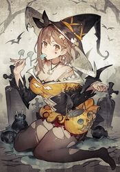  atelier_(series) atelier_ryza atelier_ryza_2 bat_(animal) black_pantyhose black_ribbon breasts brown_eyes brown_hair candy commentary_request cross female food grave hair_ribbon halloween halloween_costume hanging_scroll hat jack-o&#039;-lantern jewelry long_sleeves looking_at_viewer necklace pantyhose pumpkin reisalin_stout ribbon scroll short_hair solo thick_thighs thighs tombstone toridamono torn_clothes torn_pantyhose witch_hat 