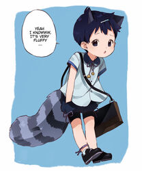  2020 animal_humanoid bag blue_hair bottomwear clothed clothing dialogue english_text fluffy fluffy_tail footwear hair hi_res humanoid lolicon male mammal mammal_humanoid markings procyonid procyonid_humanoid raccoon_humanoid shirt shoes shorts solo speech_bubble striped_markings striped_tail stripes tail tail_markings text thebrushking topwear young 