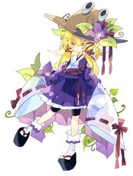  :3 bike_shorts black_footwear black_socks blonde_hair bobby_socks brown_hat commentary female flower_ornament hair_between_eyes hair_ribbon hat hat_ribbon highres japanese_clothes kimono leaf_hat_ornament long_hair long_sleeves looking_at_viewer moriya_suwako nikorashi-ka okobo petticoat purple_kimono red_ribbon red_sash ribbon ribbon-trimmed_sleeves ribbon_trim sandals sash sleeves_past_fingers sleeves_past_wrists socks solo touhou white_sleeves white_socks wide_sleeves yellow_background 