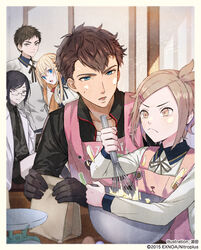  5boys apron atsushi_toushirou azuki_nagamitsu_(touken_ranbu) bag baking black_gloves black_hair blonde_hair blue_eyes bowl brown_eyes brown_hair collared_shirt commentary_request dirty dirty_face glasses gloves grey_eyes hair_ornament hairclip houchou_toushirou jacket kumita_(sumica) lab_coat male_focus midare_toushirou multiple_boys necktie official_art open_mouth paper_bag purple_eyes shirt shorts touken_ranbu track_jacket whisk yagen_toushirou 