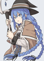  black_hat black_ribbon blue_eyes blue_hair braid brown_cape brown_capelet cape capelet commentary_request crossed_bangs female from_side grey_background hair_between_eyes hair_ribbon hands_up hat holding holding_staff jacket long_hair long_sleeves mushoku_tensei open_mouth ribbon roxy_migurdia shiseki_hirame simple_background solo staff twin_braids upper_body weapon white_jacket witch_hat 