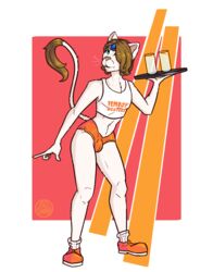  absurd_res alpha_channel anthro areye_(artist) bottomwear circlet clothing crop_top english_text felid femboy femboy_hooters hi_res hooters_uniform hotpants humanoid khajiit male mammal microsoft serving_tray shirt shorts solo tank_top text text_on_clothing text_on_shirt text_on_tank_top text_on_topwear the_elder_scrolls the_elder_scrolls_online topwear 