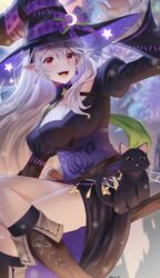  :d black_cat black_dress black_hat breasts broom cleavage corrin_(female)_(fire_emblem) corrin_(female)_(halloween)_(fire_emblem) corrin_(fire_emblem) doiparuni dress earrings feline female fire_emblem fire_emblem_fates fire_emblem_heroes grey_hair halloween halloween_costume hat highres jewelry large_breasts long_hair long_sleeves looking_at_viewer official_alternate_costume pointy_ears red_eyes smile solo very_long_hair witch witch_hat 