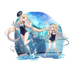  2girls absurdres ahoge bag bandaid bandaid_on_leg bare_legs bare_shoulders barefoot bell blonde_hair blue_one-piece_swimsuit cleaning_brush collar counter:side covered_navel day eins_(counter:side) empty_pool green_eyes grin hair_ribbon happy hat highres holding holding_hose holding_mop hose light_blush long_hair low_twintails mop multiple_girls name_tag neck_bell oerba_yun_fang official_art old_school_swimsuit one-piece_swimsuit one_eye_closed open_mouth outdoors pool pool_ladder ribbon school_swimsuit shoulder_bag siblings sisters skin_fang smile splashing spraying swimsuit teeth transparent transparent_background twins twintails two_side_up water water_drop yellow_ribbon zwei_(counter:side) 