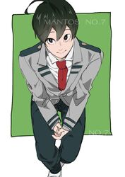  1boy artist_name asui_tsuyu black_eyes blazer boku_no_hero_academia border buttons closed_mouth collared_shirt genderswap_(ftm) green_background green_hair grey_jacket highres jacket long_sleeves looking_at_viewer male_focus mantos_no.7 necktie outside_border own_hands_together red_necktie rule_63 school_uniform shirt short_hair sitting smile solo u.a._school_uniform watermark white_border white_shirt 